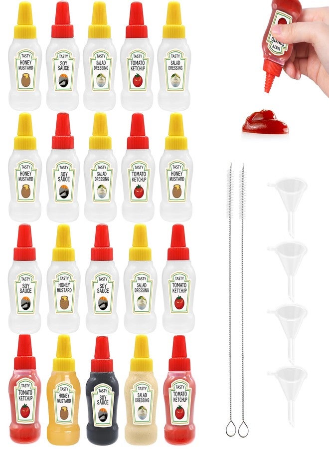 WATUNID 20 Pcs Mini Ketchup Bottles for Bento Box Accessories, WATUNID 25ml Portable Condiment Squeeze Bottles with 4Pc Funnels and 2Pc Cleaning Brushes, Plastic Empty Sauce Bottles Containers for Kids Adults - Image 1